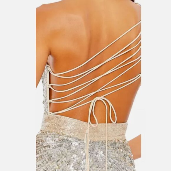 MAC DUGGAL ONE SHOULDER SEQUIN BEADED LACE-UP BACK NUDE SILVER GOWN sz 6 - Picture 5 of 8